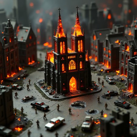 microworldlora. 
Image of a A miniature diorama of a post-apocalyptic scene, viewed from above, featuring a burning Notre Dame-like cathedral with flames engulfing the iconic spires. The square in front of the cathedral is littered with smashed, abandoned cars, some overturned, with smoke rising from them. Tiny zombie figures are scattered throughout the plaza, moving aimlessly among the wreckage. The atmosphere is dark and chaotic, with the fiery glow illuminating the crumbling cityscape in stark contrast to the eerie shadows. The details of destruction give the scene a haunting, miniature apocalyptic feel.
