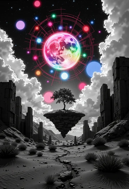 highest details, ultra hyper realism. highly detailed and realistic. intricate and highly professional artwork, an absolute masterpiece.
Monochrome with various color shapes, circuits evolving to the sky, galactic zentangle and glowing runes, a desert island hovering amidst a cloudy sky with fluffy clouds, null zero gravity, nebulae and super novae in the sparkling sky above, the dusk beats relentlessly, outrageous beauty of a bizarrely surrealistic minimalism. neo futurism, hyper realism, dynamic minimalism.