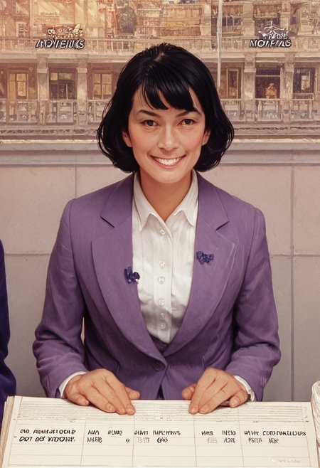 score_9, score_8_up, score_7_up, norman rockwell style, a woman with 80's style hair, black hair, purple suit jacket, white shirt, japanese text, fake screenshot, news, smiling