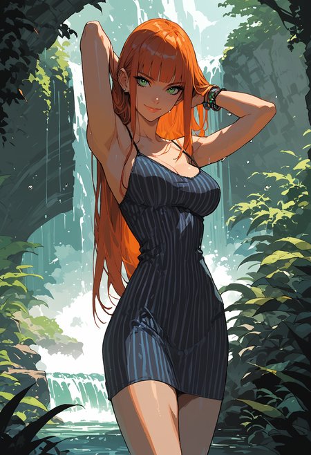 score_9, score_8_up, score_7_up,source_anime,1girl,solo,ginger hair,long hair,straight hair,blunt bangs,green eyes,perfecteyes,eyebrows,hair behind ear,busty,perky breasts,tank dress,striped dress,spaghetti straps,bare shoulders,sleeveless,bracelet,waterfall,vegetation,bridge,standing on bridge,waterfall behind her,water droplets,looking at viewer,facing viewer,hands behind head,sinozick,flat colors,closed mouth,smile