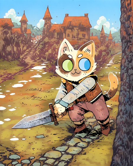 furry, 1boy, solo, male, furry male, cat boy, calico cat, calico, tail, cat tail, cat ears, long ears, big ears, ear tufts, animal ear fluff, solid circle eyes, no pupils, heterochromia, green eyes, blue eyes, thick eyebrows, white eyebrows, whiskers, (smile:1.1), (:3:1.2), half-closed eyes, animal hands, brown vest, white shirt, open vest, brown pants, looking to the side, knee up, two-handed, holding greatsword, greatsword, fighting stance, battle pose, standing, best quality, amazing quality, very aesthetic, absurdres, newest, depth of field, separate focus, dynamic pose, dynamic angle, dynamic composition, masterpiece, highres, 4k, intricate details, detailed body, detailed clothes, outdoors, stone path, town, blue sky, clouds, detailed background, ROOT, <lora:ROOT:0.9>, <lora:add-detail-xl:0.5>,<lora:Expressive_H:0.2>, <lora:spo_sdxl_10ep_4k-data_lora_webui:0.2>, <lora:sdxlVAE_sdxlVAE:0.1>, <lora:noobai_ep11_stabilizer_v0.138_fp16:0.3>, <lora:noobaiXLNAIXL_epsilonPred11Version-lora:0.1>, <lora:Smooth_Booster_v2:0.5>, <lora:se_v1_epic_style:0.3>