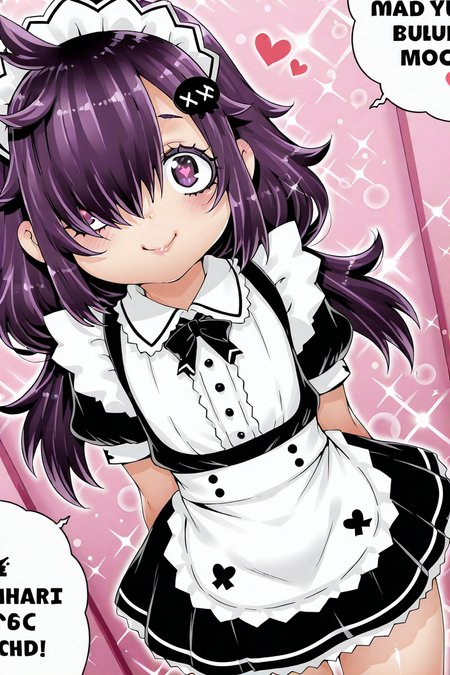 detailed background, shiny skin, posing,
safe, general, 
heart, bloom, glitter, sparkle, 
<lora:mdoh.il:1>,
mdoh,
lojisanbbb, purple hair, 
clothed girl, 
maid costume, 
cowboy shot, dynamic angle,