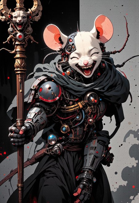 A hyper-detailed analog photo of a laughing anthropomorphic Mouse cyborg in the style of ck-ncr, captured in a dynamic and aggressive combat stance. Her radiant smile exudes confidence and defiance, highlighting the duality of her being: half of her face is organic, glowing with fiery freckles and warm, soft skin, while the other half reveals an intricate network of exposed wiring, microprocessors, and metallic plating. Her mechanical eye softly glows with an intense, almost mischievous energy, perfectly complementing her fierce expression.
In her hand, she wields a richly adorned combat staff, its surface carved with intricate designs that spiral upward to a finely detailed cat's head at the top. The staff's faded red highlights contrast sharply against the stark monochrome palette of the scene, drawing the viewer's focus.
The monochrome color scheme dominates, with deep blacks, brilliant whites, and a spectrum of grays, punctuated by subtle, worn red tones that add an eerie vibrance to the composition. Volumetric lighting casts dramatic shadows across her metallic and organic features, emphasizing her poised, battle-ready stance. The hazy, hyperpunk-inspired backdrop features smoky contrasts and sleek, futuristic elements, framing the mouse cyborg as a powerful and enigmatic combatant locked in a moment of raw energy and defiant joy. mythp0rt