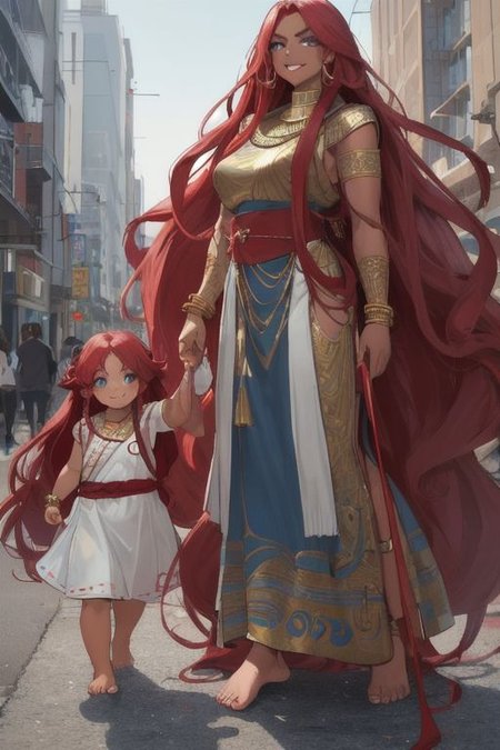 masterpiece, best quality, ultra realistic, 8k uhd, very high quality, extremely detailed face, very tall and very muscular Egyptian-Japanese mother standing and carrying her female toddler, smiling and happy, ((extremely dark skin as well as bright blue eyes and absurdly long ruby red hair)), super long ruby red hair, (intricate golden bracelets and anklets, barefoot), matching sleeveless robes,  matching clothes, city background