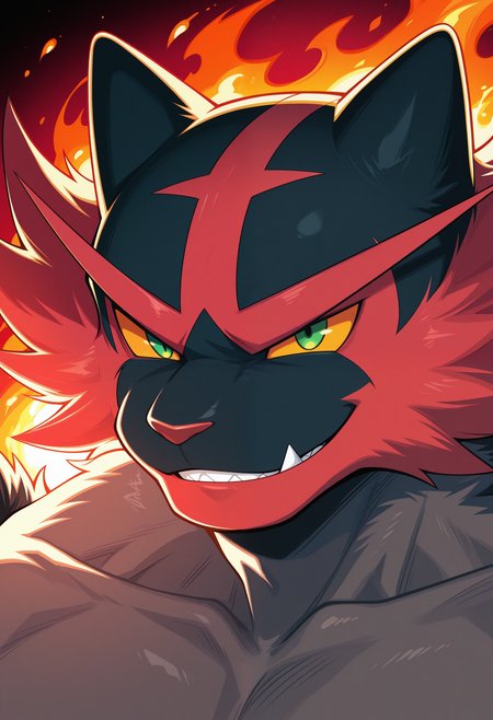masterpiece,best quality, amazing quality, 1boy, solo, 1nc1n, pokemon (creature), red fur, colored sclera, green eyes, black fur, striped fur, close up, smirk,


fire in background, gradient background,