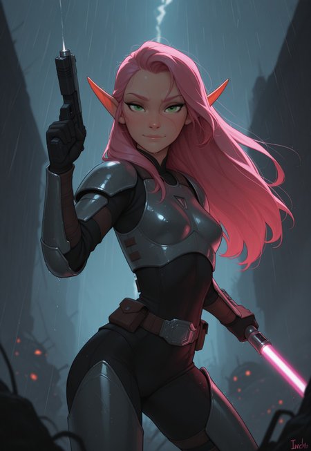 masterpiece, best quality, amazing quality, very aesthetic, DISNEY_ANIMATION, incoth, (incase:0.6), female, solo, (depth of field), outoors, sci-fi, futuristic, raining, battlefield,

elf, pink hair, green eyes, cute face, slim, small breasts, long hair swept to one side, beautiful, kawaii, (short ears), serene expression,

mandalorian armor, sleek purple lightsaber,

standing, dynamic pose, battle stance, looking at viewer, laser shots in the air, battle, explosions,