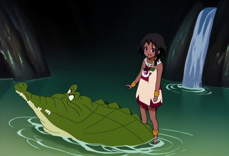 Tick tock crocodile,male animal focus,tail, crocodile , crocodile mouth open,smile ,green skin, blue eyes, Tick Tock the crocodile is giant and very huge size,teeth, crocodile swimming and submerged in the water,Tick Tock the crocodile looking Choi_mochimazzi,Choi_mochimazzi an anime girl, 1girl, looking at viewer, smile, short hair, Choi_mochimazzi sitting down on the crocodile belly. Base - choim, short hair, black hair, red eyes, dark-skinned female,purple eyes, Base Outfit - dress, jewelry, dark skin, necklace, bracelet, wristband, neck ring, anklet, barefoot,river,palm trees, jungle, tropical _island,village, temple,Disney, waterfall,retro_anime, manga,tamako_market