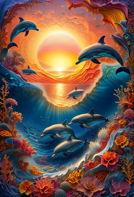 Masterpiece, 8k, sharp image, highest-quality, intricate details, circling dolphins in a foamy ocean, draped in colorful coral, crystal-clear waters under a yellow orange sunset, gorgeous patterns fill the scene, fractal, highly detailed, micro-details, micro-details within the micro-details, sharp edges, detailed textures, wide angle, cinematic view, in full view, atmospheric lighting, visually stunning, high contrast, trending on artstation
