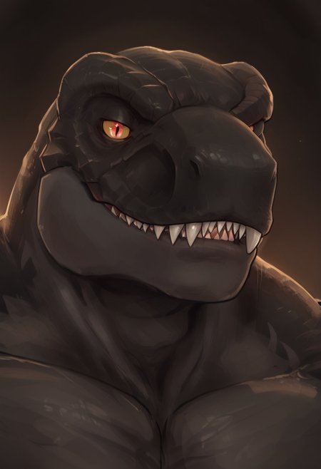 boring_sdxl_v1,By bad artist,negative_hand,best quality, newest, absurdres, highres, 1boy,solo male,Anthro,Anthro,tyrannosaurus rex,typhek,yellow sclera,red eyes,black body,black scales,sharp teeth,tall male,muscular male,pectoral,abs,jewelry,upperbody