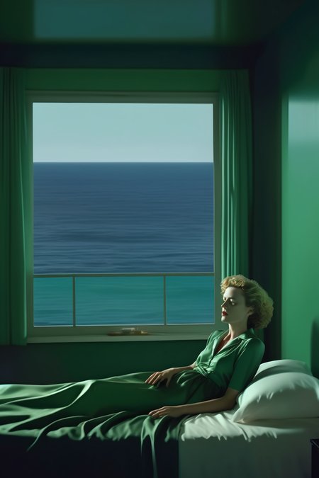 <lora:Director Gaspar Noe style:1>Director Gaspar Noe style - a woman in bed with eys closed lying in beda window with ocean view, in the style of philip-lorca dicorcia, green, jason rhoades, in the style of gregory crewdson, tonalist color scheme, site-specific, vertigo green hotel room colour.