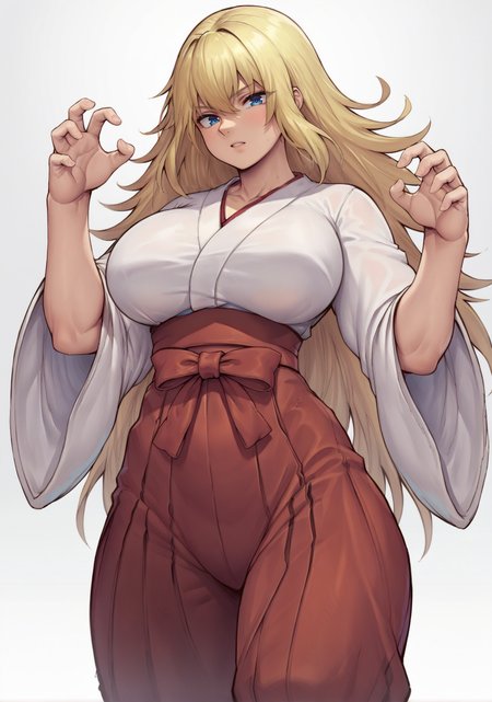 score_9, score_8_up, score_7_up, BREAK,<lora:SpeedyB00y_Style_Pony:1>, 1girl, solo, dynamic pose, large breasts, simple background, <lora:add-detail-xl:.5>, white kimono, (red hakama:1.2), long hair, blonde hair, blue eyes