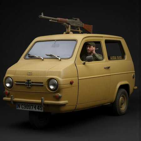 A Reliant Robin three-wheeler car, the front wheel is in the center of the vehicle, repurposed for WWII German military service, covered in zimmerit anti-magnetic mine coating with a rough, ridged texture across its armored body. Painted in a weathered dunkelgelb (dark yellow) camouflage pattern with faded Balkenkreuz insignias on the sides, the tiny vehicle is equipped with a pintle-mounted MG42 machine gun on the roof. A German soldier in a field-grey uniform sits in the open driver’s door, smoking a cigarette while scanning the war-torn landscape. Mud splatters cover the wheel wells and lower panels, indicating rough use on the Eastern Front.