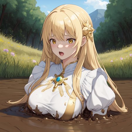 masterpiece, best quality, digital art, deviantart, 1girl, golden hair, large breasts, white dress, gold ornaments, priestess, green grass, hills in the distance, trees, flowers, blue sky, partially submerged, brown mud, mud bog, sticky mud, scared, worried, screaming, close up, upper body shot