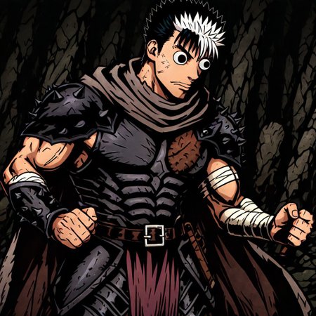 masterpiece, best quality, newest, absurdres, highres, anime, anime style, GUGIL-V1.0, googly eyes, 1boy, guts_(berserk), spiked hair, muscular male, multicolored hair, black hair, white hair, armor,
