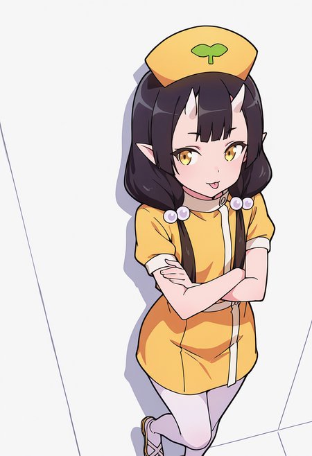 Smooth Quality,masterpiece,very intricate, high quality details, ultra realistic, high detailed skin,detailed enviorement,absurdres,
pointing forward,solo,
 <lora:Care_Resumisu_CNR:0.8> care_cnr, 1girl,black hair, pointy ears, long hair, yellow eyes, oni, low twintails, skin-covered horns, bobbles, 
care_yellow_cnr, yellow dress, white pantyhose,short sleeves,hat, hair ornament, hair bobbles, nurse cap,, simple background, white background, from above,
leaning against wall, one foot up, arms crossed, looking away,,, raincoat,  ,crop top, ,high-waist skirt,  ,, :p,