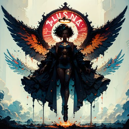 (score_9, score_8_up, score_7_up), (neon sign with characters number 100, cypberpunk, egyptian city, , thick lineart, sharp edges),
Generate a stunning art style, a true [masterpiece] of art. The image showcases [detailed linework], [dynamic shading], and [dramatic lighting], bringing to life a fiery atmosphere. The cinematic scene depicts a beautiful girl (floating: 1) in space, surrounded by the dark void. Her (full_body: 1.5) is suspended in the dark, drifting weightless. Cosmic horrors beyond comprehension lurk in the shadows. Her dark_skin is lined with intricate_patterns of bright fluorescent [neon tattoos]. Her full_body is suspended in the void. A halo. Flaming wings are sprouting from her back. Within her a fire seems to be burning. The foreboding atmosphere is heavy with the knowledge that something is not right. The scenery is lit by the fires:1.5, its lava flowing. It casts deep shadows.
<lora:Concept Art Twilight Style SDXL_LoRA_Pony Diffusion V6 XL:0.8> <lora:Bad_Hands_lora:0.8> <lora:add-detail-xl:0.8>   <lora:GN_v1.4:0.8>