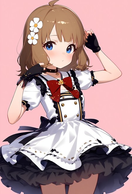 1girl,
suou momoko,


blush, virtual youtuber, skirt, white flower, frilled skirt, flower, solo, collar, dress, frilled collar, white dress, black hair, simple background, petticoat, black gloves, fingerless gloves, gloves, pink background, ahoge, thighs, looking at viewer, frills, short sleeves, red ribbon, cowboy shot, ribbon, medium hair, black skirt, hair ornament, blue eyes, hair flower, arms up,

sfw
<lora:a31_char_new_suou_momoko-000026:1> <lora:a31_style_koni-000010:0.8>