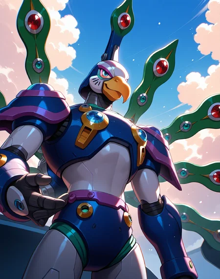 <lora:Cyber_Peacock_(Mega_Man_X)_(Illustrious)_(AD):1> Cyber Peacock, reploid, MMX, 
exterior, blue sky with clouds,
male focus, intense shadows, dynamic shadows, intricate details, attention to details, gradient coloring, bright vivid colors, robot, beak, sexy smile, half closed eyes, 
BREAK very awa, masterpiece, best quality, amazing quality, very aesthetic, highres, absurdres, 
EZRealPONYXL, zPDXL, Smooth Quality, lazynsfw,
