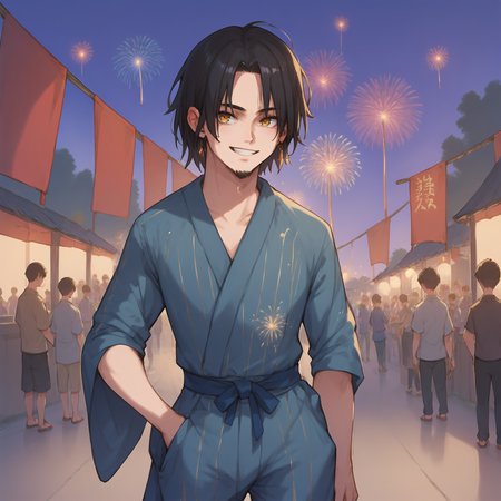 (score_9,score_8_up,score_7_up,score_6_up,score_5_up,score_4_up),
best quality,masterpiece,  <lora:ReyXl:0.8>, Rey, 1boy,  japan, festival, wearing yukata, sparklers, night, fireworks, smile,