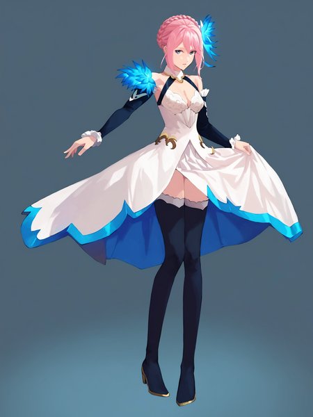 score_9, Score_8_up, Score_7_up, Score_6_up, masterpiece,  best quality, very aesthetic,  <lora:Shionne_V2:1>  15 shionne 01b weddingdress, shionne 01b, pale skin, long hair, (blue eyes), wedding dress 1girl, solo, breasts, 1Girl, hair ornament, thighhighs, dress, bare shoulders, full body, pink hair, braid, detached sleeves, black thighhighss   <lora:detailed_backgrounds_v2:0.6> scenery,