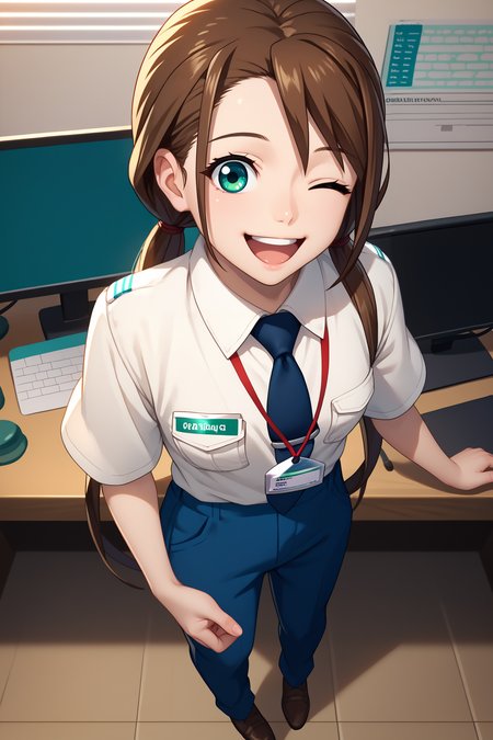 score_9, score_8_up, score_7_up, score_6_up, source_anime, 1girl, solo,  <lora:rnnae-pdxl-nvwls-v1-000005:1> tennoujinae, brown hair, low twintails, turquoise eyes, white shirt, collared shirt, short sleeves, dark blue necktie, lanyard, blue pants, happy, open mouth, office, looking at you, full body, wink