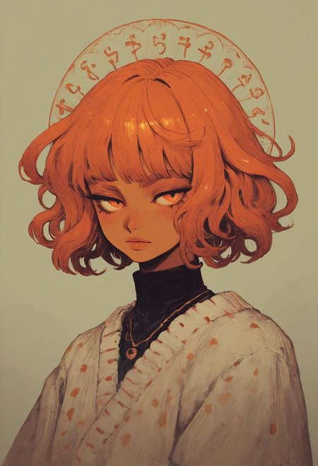 ((score_9, score_8_up, score_7_up)),1girl, olive skin, looking at viewer, long_hair, orange_hair, loose royal clothing, detached_sleeves, fine_fabric_emphasis, orange_eyes, lips, makeup, simple_background
