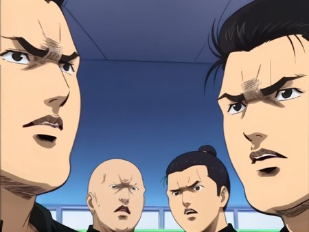 detailed background, 
 <lora:cromartie.pony:1>,
cromartie, 3 boys, 
shade face,
