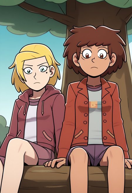 2girls, CHAnneboonchuy, CHSASHAWAYBRIGHT, sitting in a tree, looking down at viewer, sfw