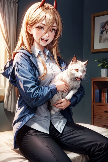 1girl,power \(csm\),sharp teeth,cross-shaped pupils,blue jacket,collared shirt,black pants,sit,sit on bed,holding a cat,smile,happy face,open mouth,masterpiece,extremely detailed CG unity 8k wallpaper, best quality,32k,focus sharp, <lora:csm_power-13:1>, <lora:add_detail:1>