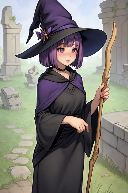 (chelodoy:1.0), best quality, masterpiece, detailed background, highly detailed, intricate, detailed face, long eyelashes, detailed eyes, (standing:1.1), (small breasts:1.0), (grassy field, stone towers, stone pillars, ancient structures, ruins:1.3),

(one girl:1.2), (1girl:1.1), (solo:1.4), (purple eyes:1.2), (purple hair:1.3), (bob cut, medium hair:1.2), (thick lips:1.3), (black choker:1.2), (pale skin:1.0),

(mage robes, witch hat, mage:1.1), (holding staff:1.2),

(shy, blush, nose blush:1.1), <lora:ChelodoyStyle-V1R1-Fixed-8:1>