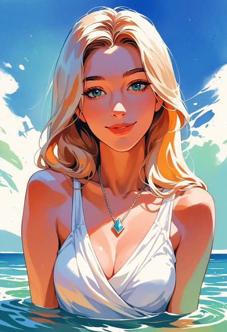 score_9, score_8_up, score_7_up, score_6_up, source_cartoon, 1girl, female, solo, femenine, petite, lean, pale skin,, soaking wet hair, smile, diaphonous white dress, bronze necklace, medium breasts, female focus, official style, close up, perfect anatomy, perfect face, standing,  abstract beauty, beautiful, centered, looking at the camera, approaching perfection, dynamic, moonlight, highly detailed, watercolor painting, artstation, concept art, smooth, sharp focus, illustration, portrait