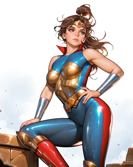 masterpiece, best quality, absurdres, perfect quality, absolutely eye-catching,   <lora:EomIllus:1> eom,   <lora:TrinityIllus:0.8> elizabethprince, brown hair, ponytail, brown eyes, long hair, circlet, bracer, belt, knee boots, bodysuit