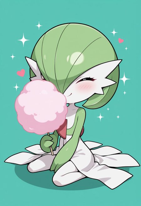 masterpiece, best quality, absurdres, amazing quality, detailed face, detailed skin, detailed eyes, high resolution, official style,  
1girl, ((chibi:1.1)), ((anime chibi style:1.1)), gardevoir \(pokemon\), 
solo, sitting on floor, full body, excited, cute, happy girl, cotton candy, holding cotton candy, eyes closed, smile, mouth wide open, 
simple light green background, sparkles, heart, 
((no text:1.1)), ((no signature:1.1)),