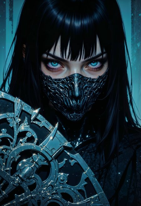 a close-up of a character with a futuristic, cyberpunk aesthetic. The subject has long, straight black hair with blunt bangs, and their eyes are strikingly detailed, with a piercing gaze. The skin tone appears pale, and the character wears a metallic, intricately designed mask covering the lower half of the face. They hold a fan and a sword, both reflecting a sleek, metallic finish. The overall color scheme is dark with hints of blue and silver, enhancing the mysterious and intense atmosphere. The lighting is dramatic, highlighting the character's eyes and the metallic elements, creating a sense of depth and intrigue.