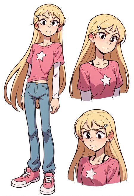 score_9, score_8_up, score_7_up, score_6_up, score_5_up, score_4_up, conceptart,multiple views,white background,simple background,<lora:concept:1>,
1girl, solo,K3lly, blonde hair, very long hair, white hairclip, black eyes,, salmon-pink t-shirt with a white star in the middle. Underneath that, a white long-sleeved shirt, light blue jeans, pink and white high tops shoes,,
<lora:princess_xl_v1:0.7>, <lora:Expressive_H:0.6>, <lora:incase-ilff-v3-4:0.5>, <lora:MysticalPlantPenetratorPDXL:0.5>, <lora:Kellyv1:1>