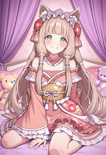 highres, best quality, masterpiece, bedroom, plushie, toy, purple theme,
1girl, solo, pcrmaho, light brown hair, green eyes, animal ears, tail, fang, blunt bangs, tareme,
pmahod3s, very long hair, hair tubes, frilled hairband, hair flower, red flower, bare shoulders, detached collar, pink kimono, kimono dress, sash, gold obi, frilled kimono, floral print, off shoulder, wide sleeves, frilled sleeves, back bow,
looking at viewer, smile, blush,
sitting, wariza, arm support,
<lora:_maho_pcr-elesico-rev3:1>