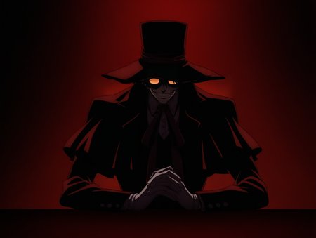 1boy, solo, upper body, pov across table, 
alucard \(hellsing\), 
 style-ufotable, high contrast, chiaroscuro, 
  orange round sunglasses,  , leaning back,opaque glasses, 
hands on table,  evil smile, own hands together, white gloves,red coat,red hat,
 ,masterpiece, best quality, newest, absurdres, highres,
 <lora:style_ufotable_v1:1>