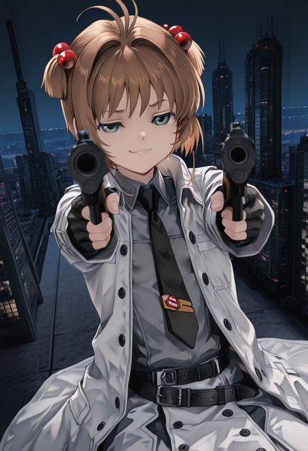 solo, 1girl, kinomoto sakura, 
brown_hair,
short hair,
antenna hair,
hair bobbles,
white trench coat,
black_gloves,
collared_shir,
gloves,
green_eyes,
fingerless_gloves,
black_necktie,
black necktie,
grey_shirt,
jacket,
white_jacket,
long_sleeves,
black buttons,
collared_shirt,
black belt, 
open clothes, flat chest, breasts visible, puffy nipples, 
holding custom-made shotgun, aiming at viewer, 
masterpiece,
Energetic Pose, cinematic angle, on top of skyscraper, night, city lights can be seen, firing gun, smug face
