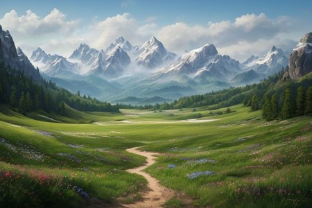 a photorealistic landscape with very close high mountains across the horizon, with lots of fields, woods and meadows stretching out before them, ultra realistic, highly detailed, RAW photo, (masterpiece:1.3), subsurface scattering, heavy shadow, professional photography