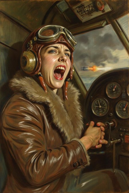 paulcesarhelleu1 illustration. 
A female pilot screaming inside the cockpit of a World War II bomber. The pilot, wearing a vintage leather flight helmet with goggles and a bomber jacket, grips the controls with white-knuckled hands. Her face is contorted in a mix of fear and determination as she yells, her eyes wide with adrenaline. The cockpit is cramped and filled with old-fashioned dials and gauges, with the outside view showing dark stormy clouds and distant anti-aircraft fire
 <lora:paulcesarhelleu1_cap_d6a3e11:0.8><lora:844399087596957684:0>