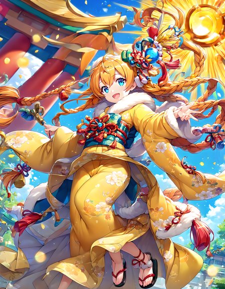 <lora:pony_xl_sol:0.9>,sol,score_9,score_8_up,score_7_up,source_anime,best quality,masterpiece,1girl,hair_ribbon,looking at viewer,smile,:d,open mouth,hair ornament,japanese clothes,yellow kimono,wide sleeves,obi,sandals,new year,japanese garden,sky,blue sky,lens_flare,strong rim light,bokeh,depth of field,
