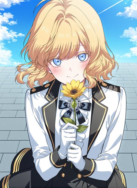 <lora:Heresy_Inquisitor_Female__SSS_Class_Suicide_Hunter__Illustrious:1>
1 girl, solo, blue eyes, short hair, wavy hair, blonde hair, fluffy hair, loose curls, ahoge, parted bangs, soft volume, slightly messy, cute face, anime style, 
white dress shirt, ruffled shirt, white jacket with black trim, black skirt with gold trim, gold buttons, academy uniform, white gloves, black ribbon bow, ornate brooch, 
score_9, score_8_up, score_7_up, very aesthetic, source_anime, detailed, high quality, beautiful, masterpiece, detailed eyes, highres, best quality, masterpiece, outdoors, looking at viewer, blush, smile, holding flower, from above, floating, blue sky