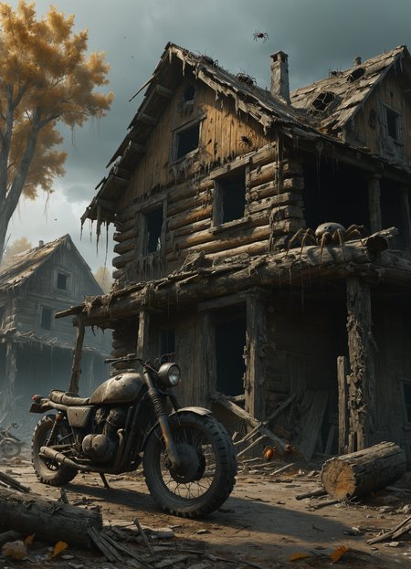 old ruined log house with spider legs, a lot of spiders, old motorcycle in the distance, 8k, F2.8, RAW Photo, ultra detailed   <lora:The_Dark_Side_of_the_Earth:0.8>
