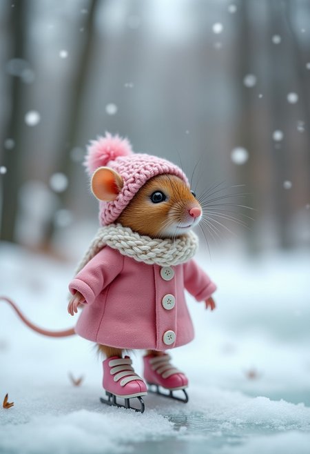 A realistic photo of a small, lifelike cute mouse dressed in a cozy winter-themed outfit with a touch of pink, featuring a pink woolen coat, a scarf, and a hat with a pink pom-pom. The mouse is skating on a frozen miniature pond surrounded by a snowy forest. Small ice skates are strapped to its feet, and snowflakes are gently falling around. A winter wonderland scene. The atmosphere is magical, with a soft, storybook-like photography style capturing the joy of a winter day.