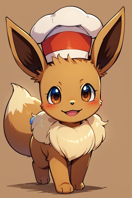score_9, score_8_up, score_8,  ,,, , ,,, zzEV, looking at viewer, blush, smile, open mouth, simple background, hat, brown eyes, full body, :3, border, happy, white border, brown background, outside border, chef hat, brown theme,   <lora:EeveePokedexPDXL:1.0>,  ,,,, BREAK, <lora:GoldenCAT_Lora_PDXL_v2:0.8>, smile, closed mouth, looking at viewer, cowboy shot, ,,, embedding:zPDXL, Expressiveh, ,,, <lora:Expressive_H-000001:0.4>,