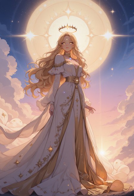 1girl, golden blonde hair, cascading curls, halo of stars, white gown, gold gown, celestial embroidery, suns and moons, sheer glittering cape, glowing sky, fluffy clouds, radiant sunlight, heavenly aura masterpiece, best quality, amazing quality, newest, <lora:PinkieSoftcoreAnimeIL:1>, pinksoftcoreanime,