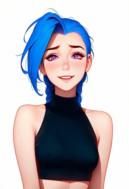 1girl, solo, 
Jinx (league of legends), detailed purple eyes, thin lips, ((small breast)), ((thin)) ,parted lips, laughing,
looking at viewer,
sleeveless crop top,
artist : tsuaii,
(((white background))), masterpiece, best quality, very aesthetic