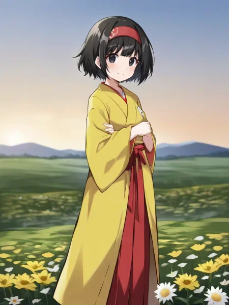 <lora:RBerikatsukishiro:0.7>
1girl, solo, eeririkaka, black hair, short hair, black eyes, red hairband, yellow kimono, red hakama, standing, outdoors, flower field, smile