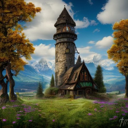 realistic analog photo, award winning photo, 
FanLan, background, mountains, apple trees, foreground, field, house, fence, farm, farmland, witow, a tall high fantasy wizard tower, blue sky
wide shot, high-quality, crisp, sharp, professional-grade, high-resolution, fine detail, accurate colors, low noise, fast shutter speed, wide dynamic range, precise focus, RAW, highres, 8k, uhd, High Dynamic Range, tonemapping, crisp details,