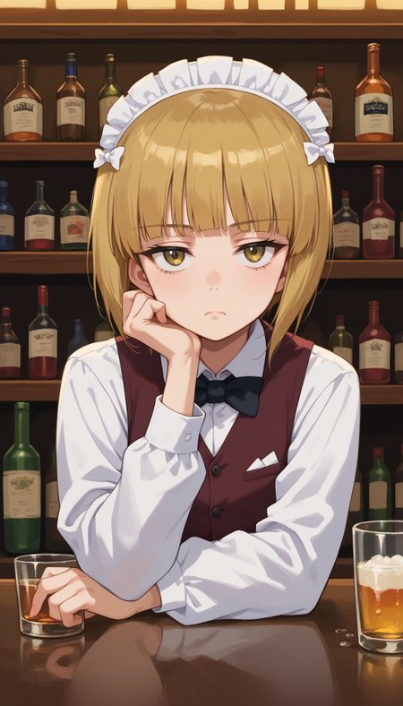 score_9, score_8_up, score_7_up, source_anime,
Cutlass _Girls_und_panzer, 1girl, bartender, blonde hair, yellow eyes, short hair, maid headdress, bar (place), brown vest, bottle, long sleeves, head rest, drinking glass, white shirt, dress shirt, black bow, black bowtie, blunt bangs, cup, looking at viewer, wing collar, closed mouth, indoors, counter, upper body, alcohol, frown, sitting
<lora:Cutlass:1>